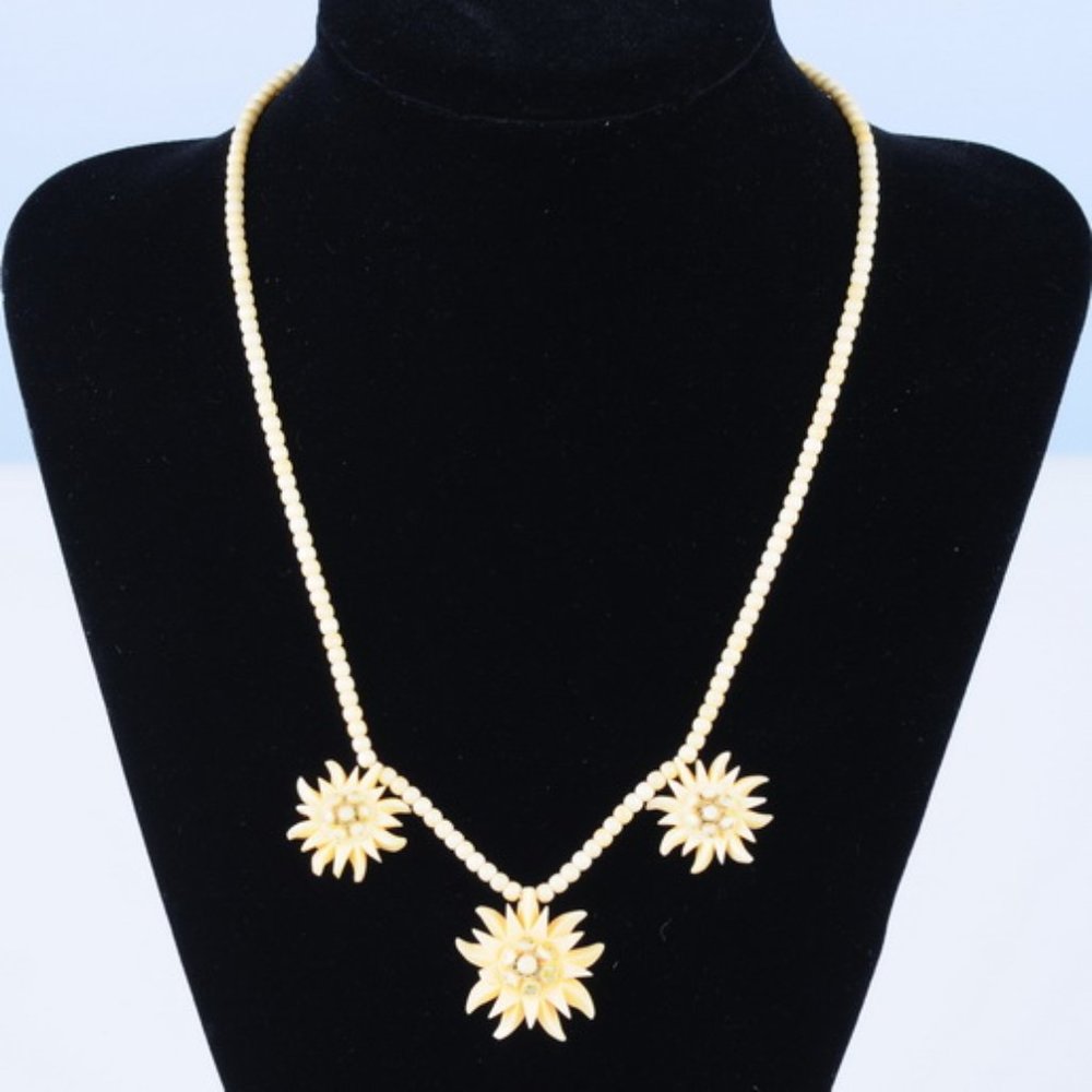 Carved Bone Flowers and Beads Necklace - Vintage